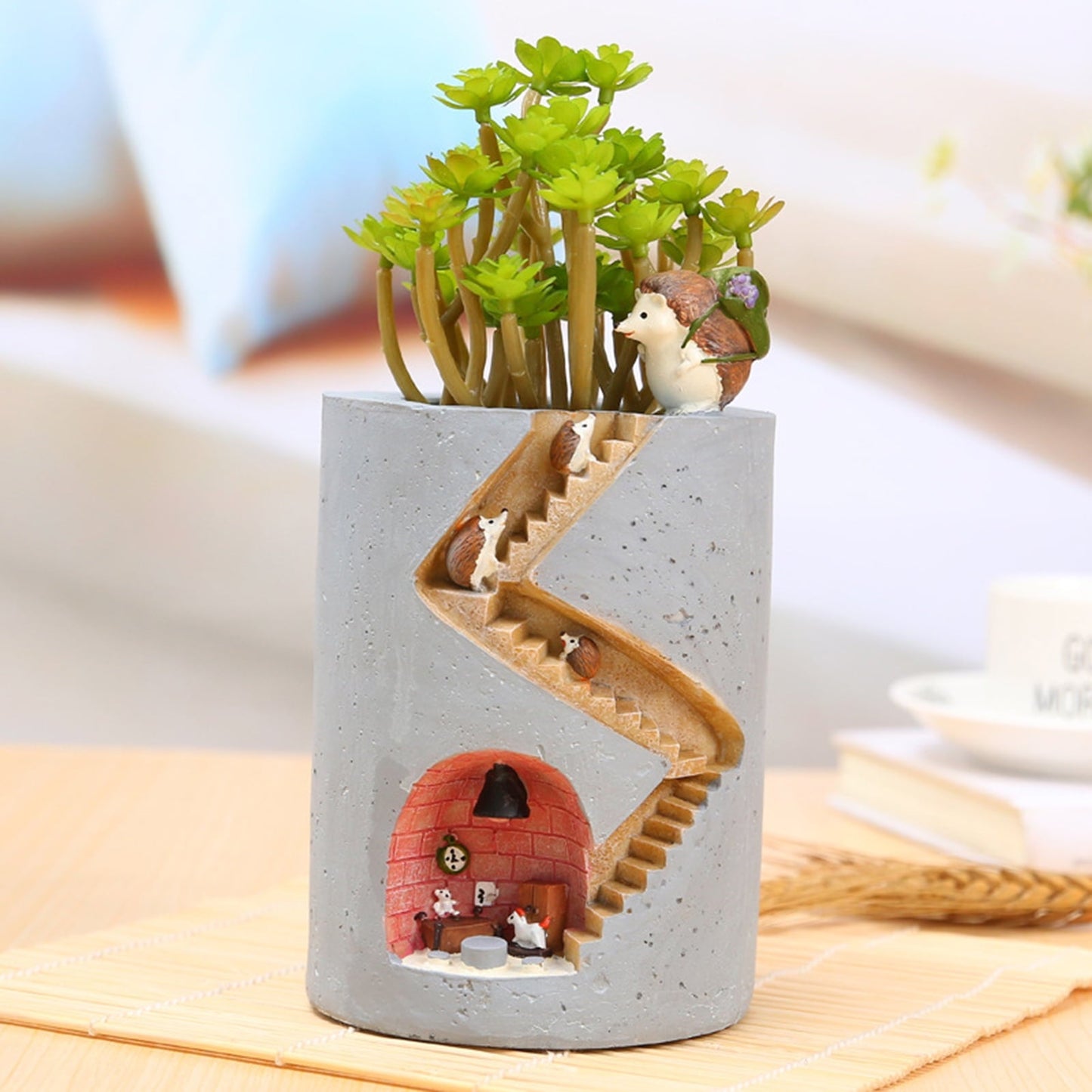 Decorative Plant Pot with Hedgehog and Bunny Miniatures – Creative Planter with Staircase Design