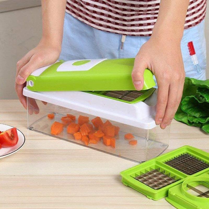 12-in-1 Multifunctional Vegetable Cutter with Interchangeable Blades and Collection Container for Fast Food Preparation
