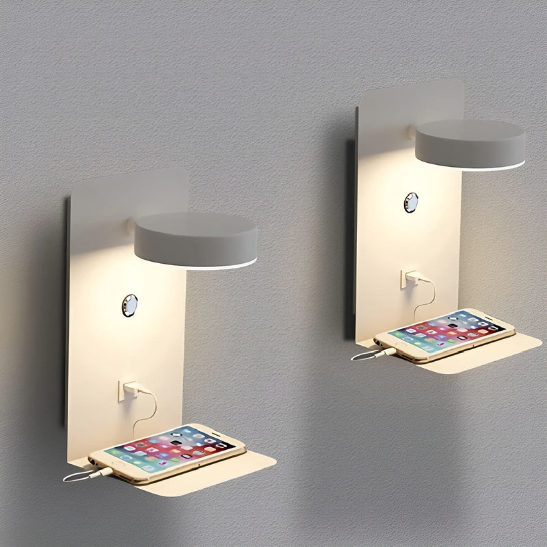 Multifunctional LED Wall Lamp with Shelf and USB Charging Port