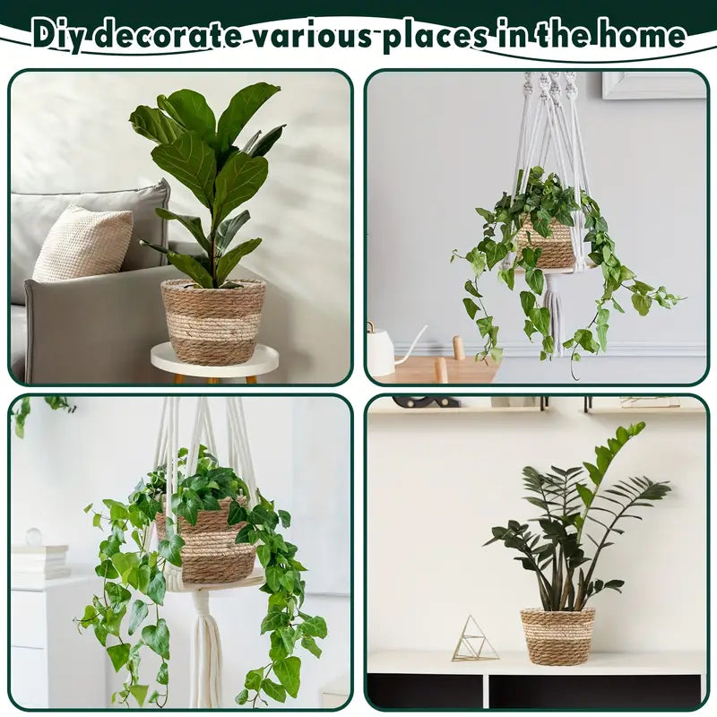 Decorative Seagrass Plant Baskets – 3-Piece Set of Handwoven Planters with Plastic Liner for Home and Garden