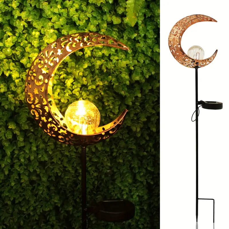 Solar Garden Light Made of Metal – Waterproof LED Lighting in Moon, Flame, Sun, or Star Shape
