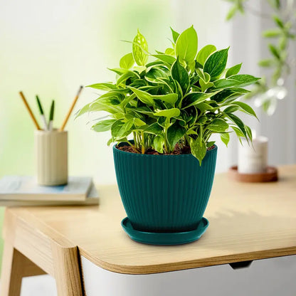 Plastic Flower Pot with Ribbed Texture and Saucer – Durable Plant Pot for Garden and Indoor Spaces