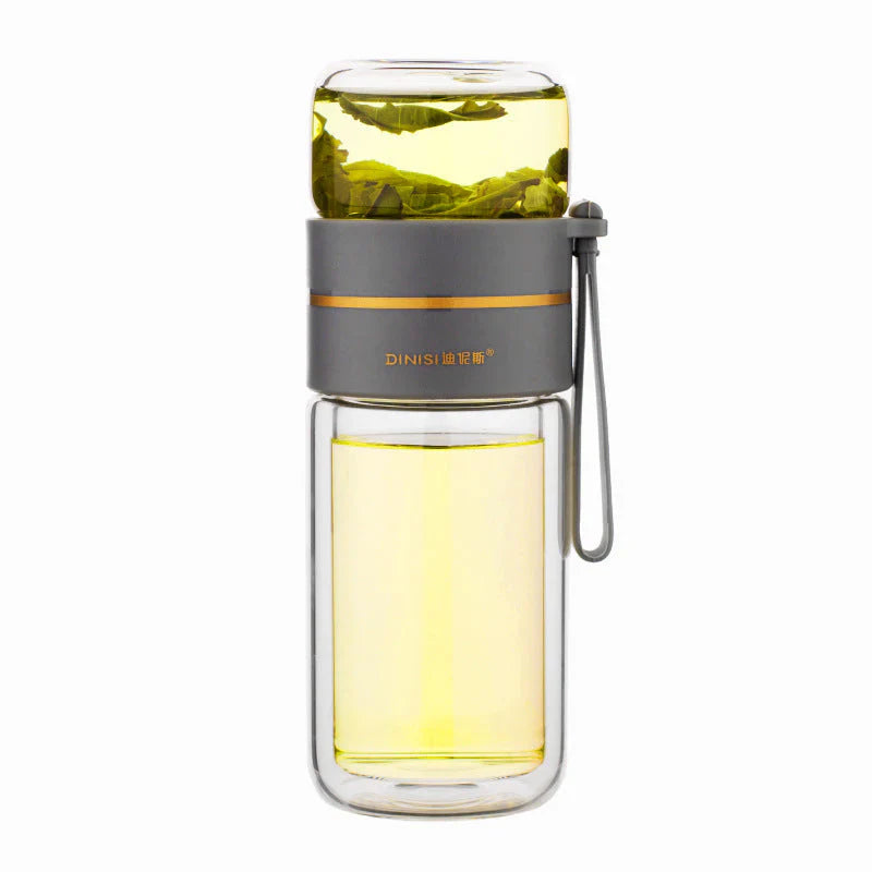 Double-Walled Glass Water Bottle with Tea Infuser and Strainer – Perfect for Tea and Infused Drinks on the Go