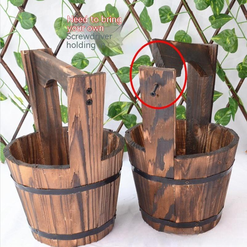 Wooden Barrel-Style Plant Bucket – Decorative Wooden Flower Pot for Garden and Patio