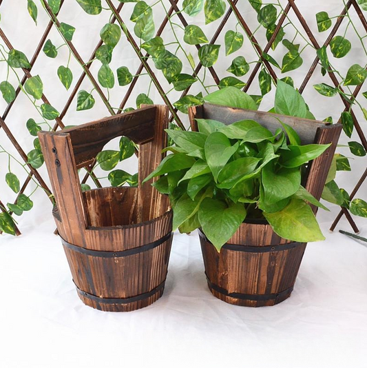 Wooden Barrel-Style Plant Bucket – Decorative Wooden Flower Pot for Garden and Patio