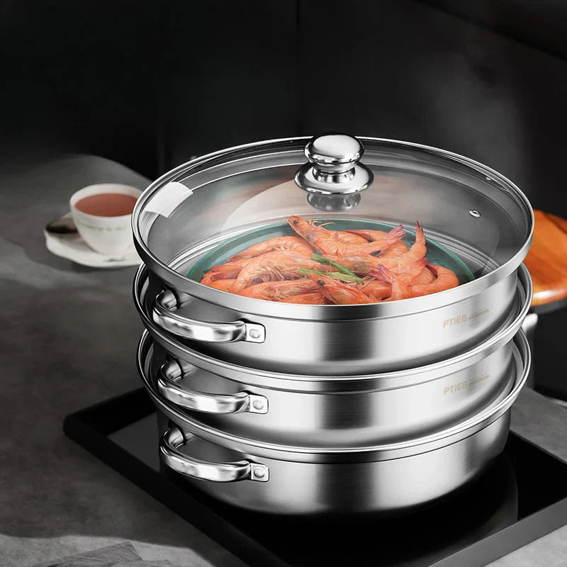Stainless Steel 3-Layer Steamer with Handles and Glass Lid – Perfect for the Kitchen