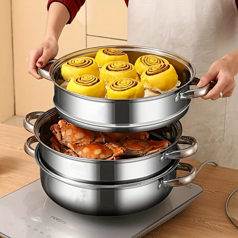 Stainless Steel 3-Layer Steamer with Handles and Glass Lid – Perfect for the Kitchen