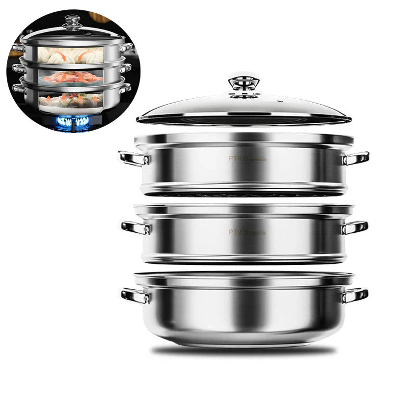 Stainless Steel 3-Layer Steamer with Handles and Glass Lid – Perfect for the Kitchen
