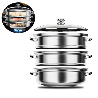 Stainless Steel 3-Layer Steamer with Handles and Glass Lid – Perfect for the Kitchen