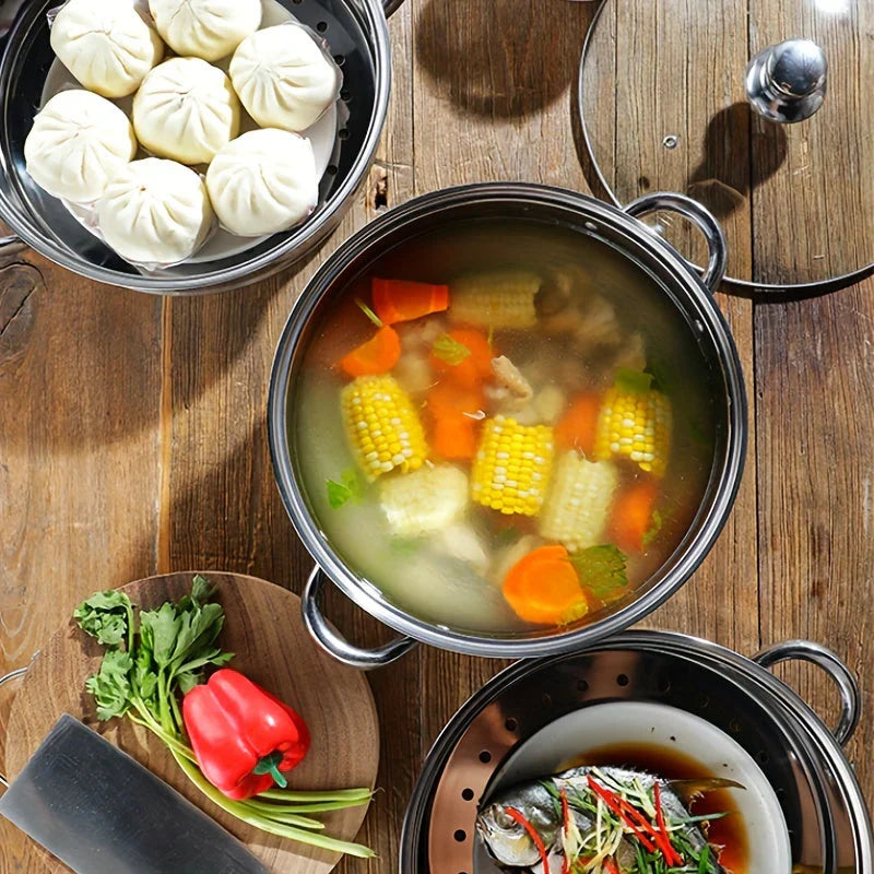 Stainless Steel 3-Layer Steamer with Handles and Glass Lid – Perfect for the Kitchen