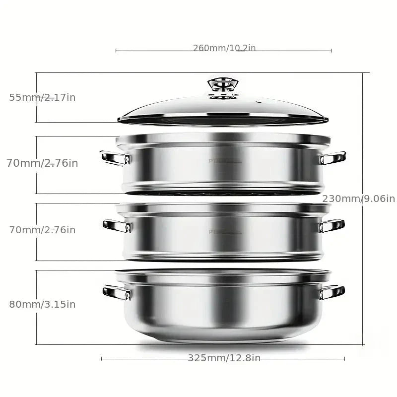 Stainless Steel 3-Layer Steamer with Handles and Glass Lid – Perfect for the Kitchen