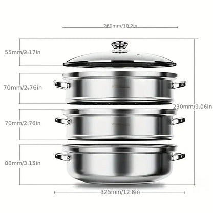 Stainless Steel 3-Layer Steamer with Handles and Glass Lid – Perfect for the Kitchen