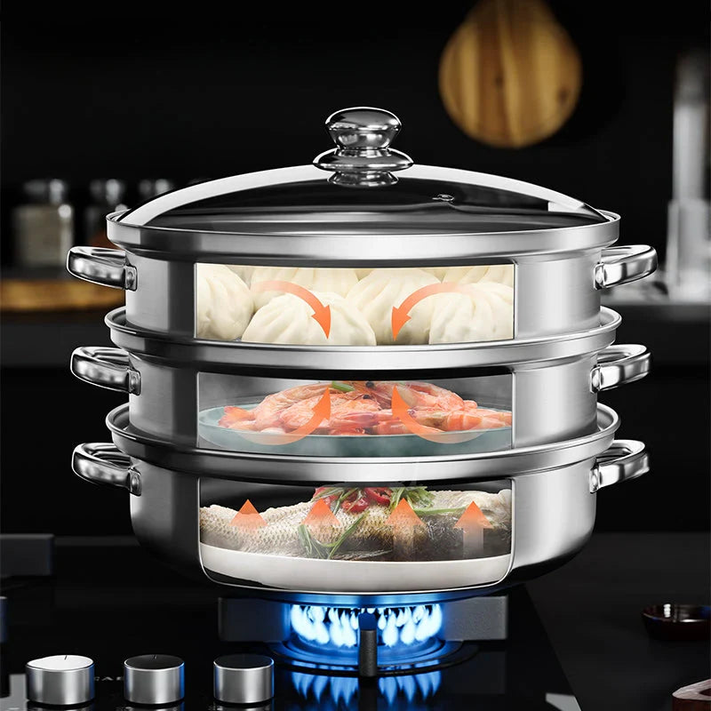 Stainless Steel 3-Layer Steamer with Handles and Glass Lid – Perfect for the Kitchen