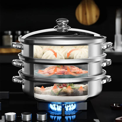 Stainless Steel 3-Layer Steamer with Handles and Glass Lid – Perfect for the Kitchen