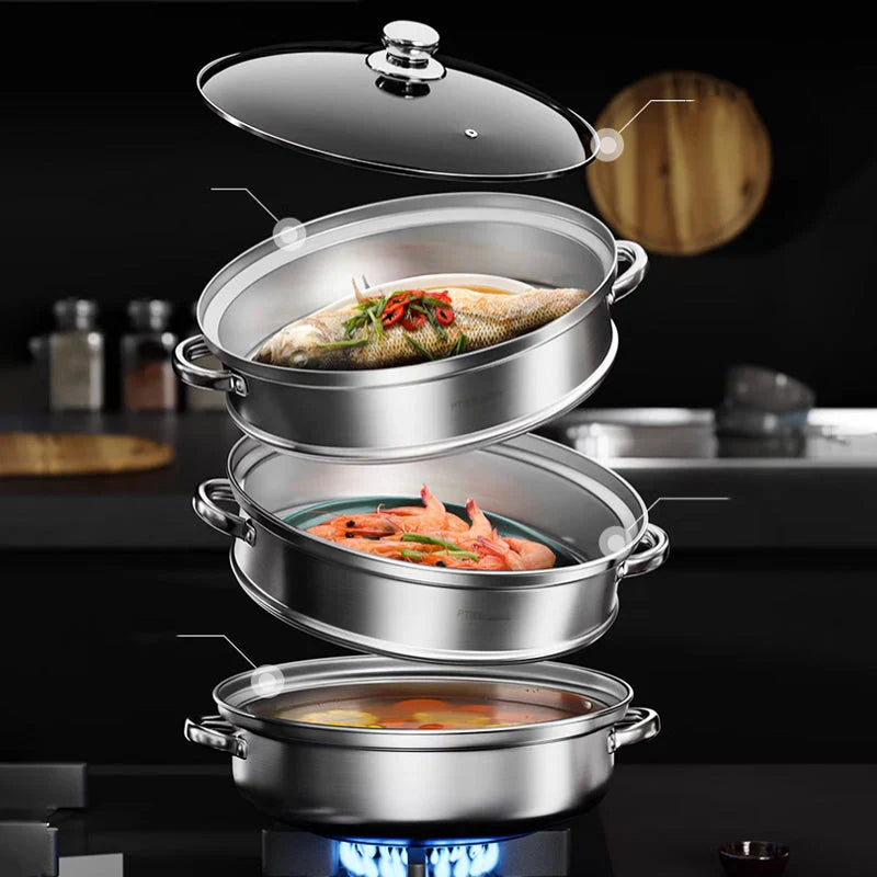 Stainless Steel 3-Layer Steamer with Handles and Glass Lid – Perfect for the Kitchen