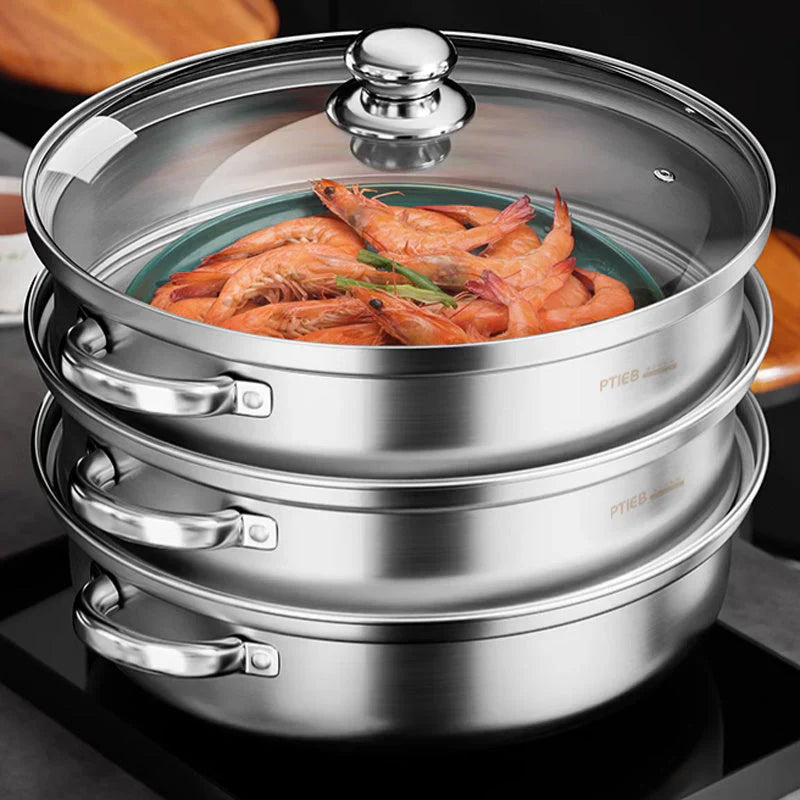 Stainless Steel 3-Layer Steamer with Handles and Glass Lid – Perfect for the Kitchen