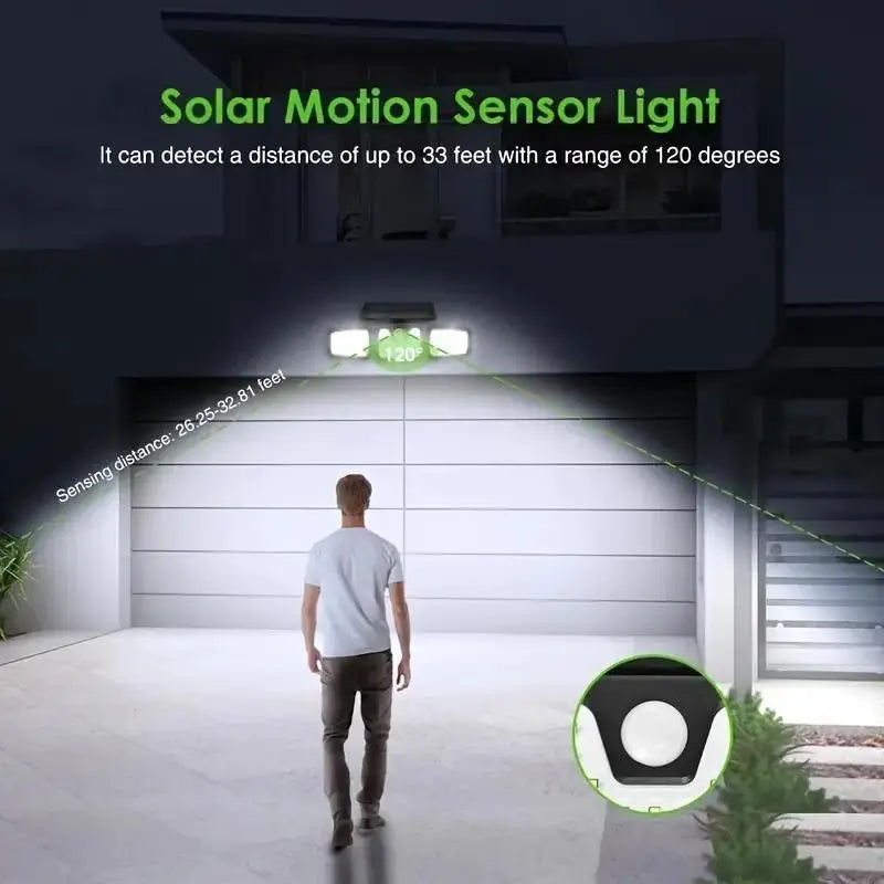 Solar LED Spotlight with Motion Sensor – Triple Outdoor Lighting for Garden, Yard, and Garage