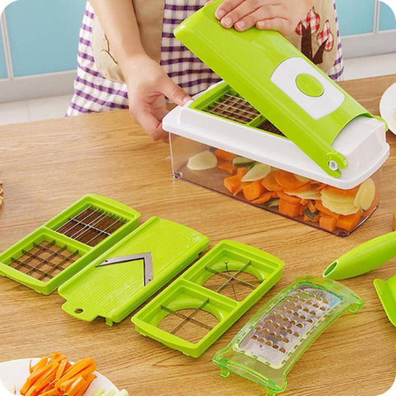 12-in-1 Multifunctional Vegetable Cutter with Interchangeable Blades and Collection Container for Fast Food Preparation