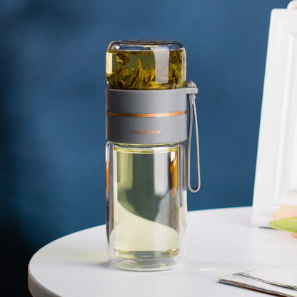Double-Walled Glass Water Bottle with Tea Infuser and Strainer – Perfect for Tea and Infused Drinks on the Go