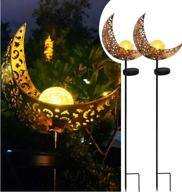 Solar Garden Light Made of Metal – Waterproof LED Lighting in Moon, Flame, Sun, or Star Shape