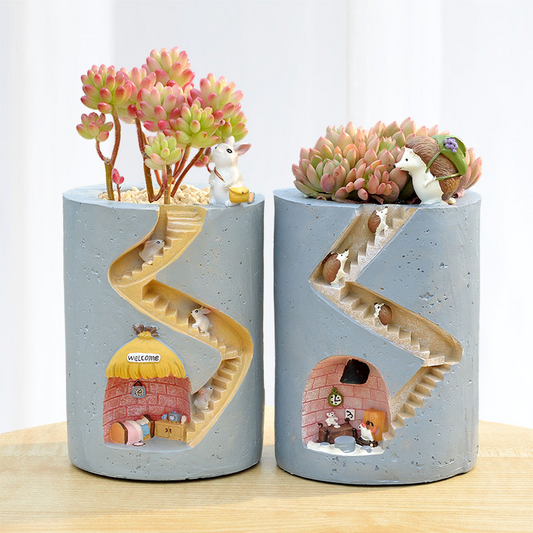 Decorative Plant Pot with Hedgehog and Bunny Miniatures – Creative Planter with Staircase Design