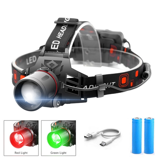 Rechargeable LED Headlamp with White, Red, and Green Light – Multifunctional Head Torch with Zoom, USB Charging Port, and Battery for Outdoor Camping and Emergencies