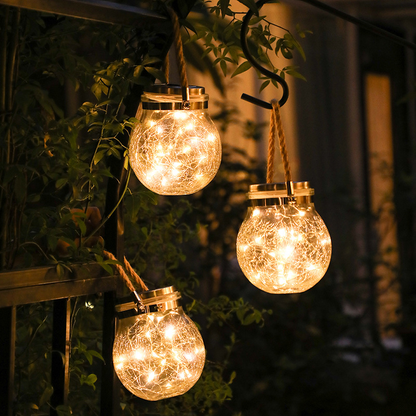 Solar Glass Lantern With LED String Lights – Decorative Garden Lighting For Terrace And Outdoor Areas With Carrying Handle