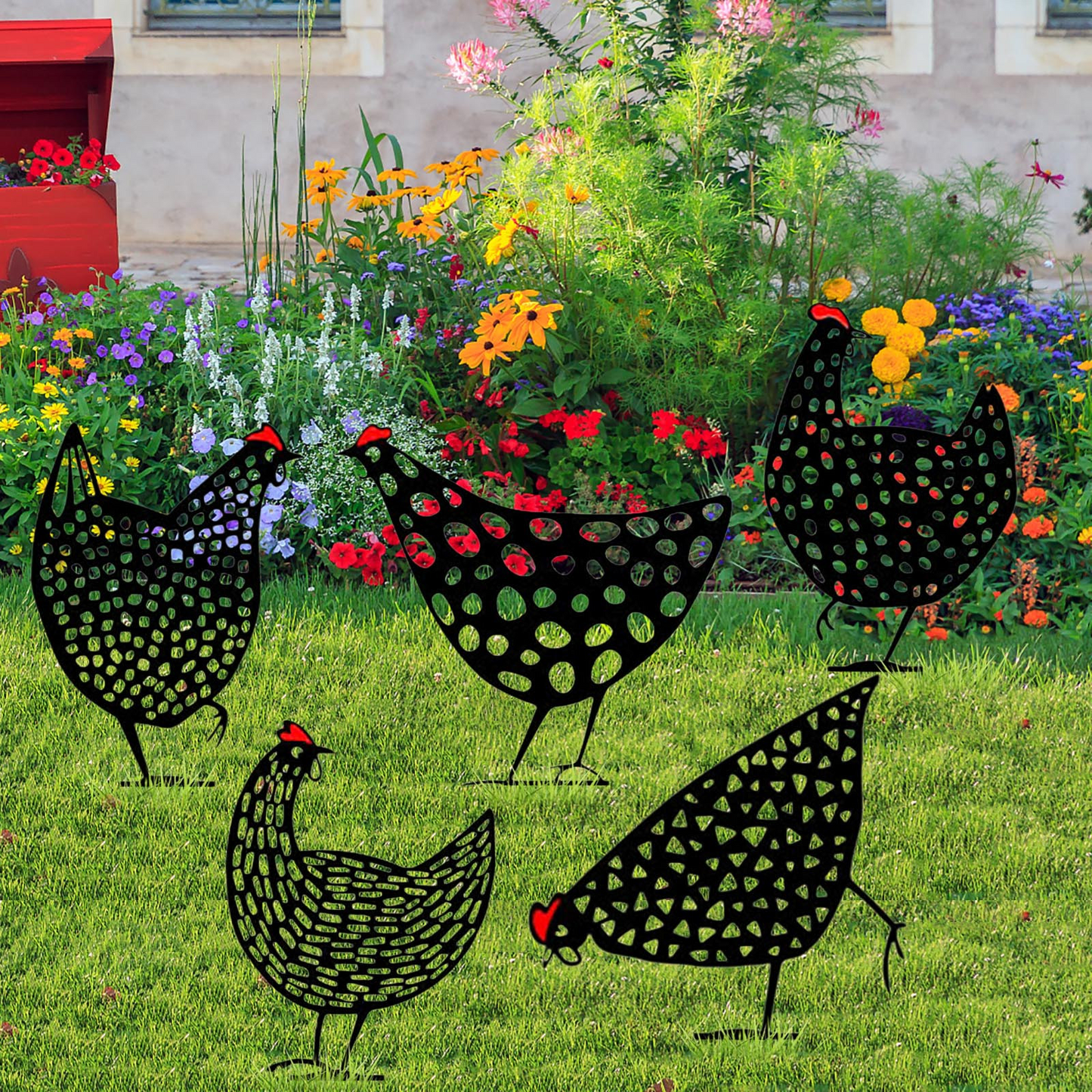 Decorative Metal Chickens – Garden Stake Set for Outdoor Use