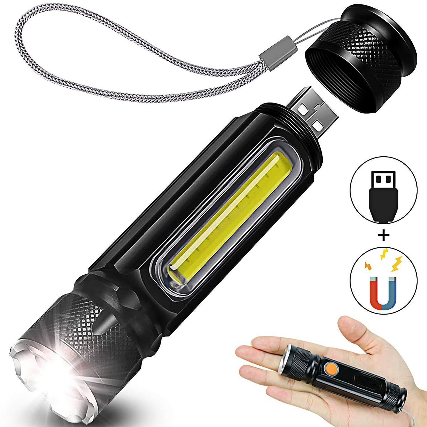 Magnetic LED Flashlight – USB Rechargeable Emergency Lamp with Carrying Strap for Outdoor Use and Workshop