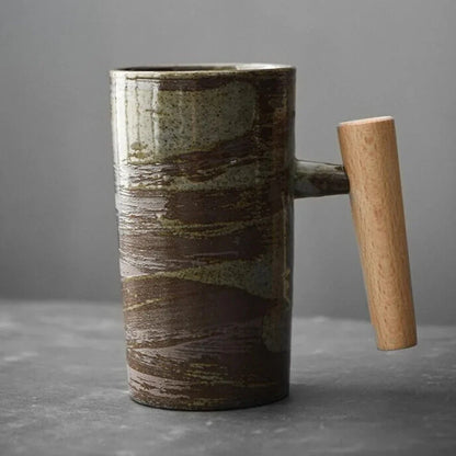 Nordic Ceramic Mug with Wooden Handle – Minimalist Design for Stylish Coffee Enjoyment