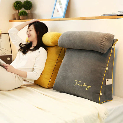 Wedge-Shaped Back Support Pillow with Neck Cushion & Side Pocket