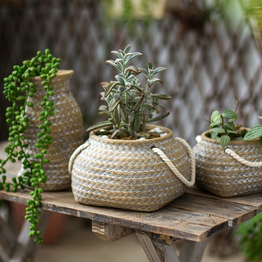 Ceramic Plant Pot In Hemp Bag Design With Rope Handles – Decorative Flower Pot For Garden, Balcony, And Home