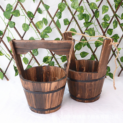 Wooden Barrel-Style Plant Bucket – Decorative Wooden Flower Pot for Garden and Patio