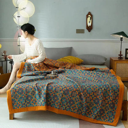 Cotton Blanket with Six-Layer Design and Orange-Blue Pattern