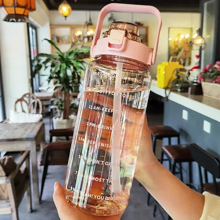 2L Sports Water Bottle with Straw and Time Markers for Easy Drinking and Hydration