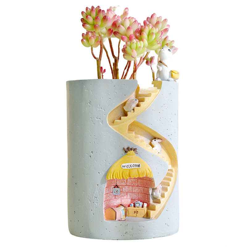 Decorative Plant Pot with Hedgehog and Bunny Miniatures – Creative Planter with Staircase Design