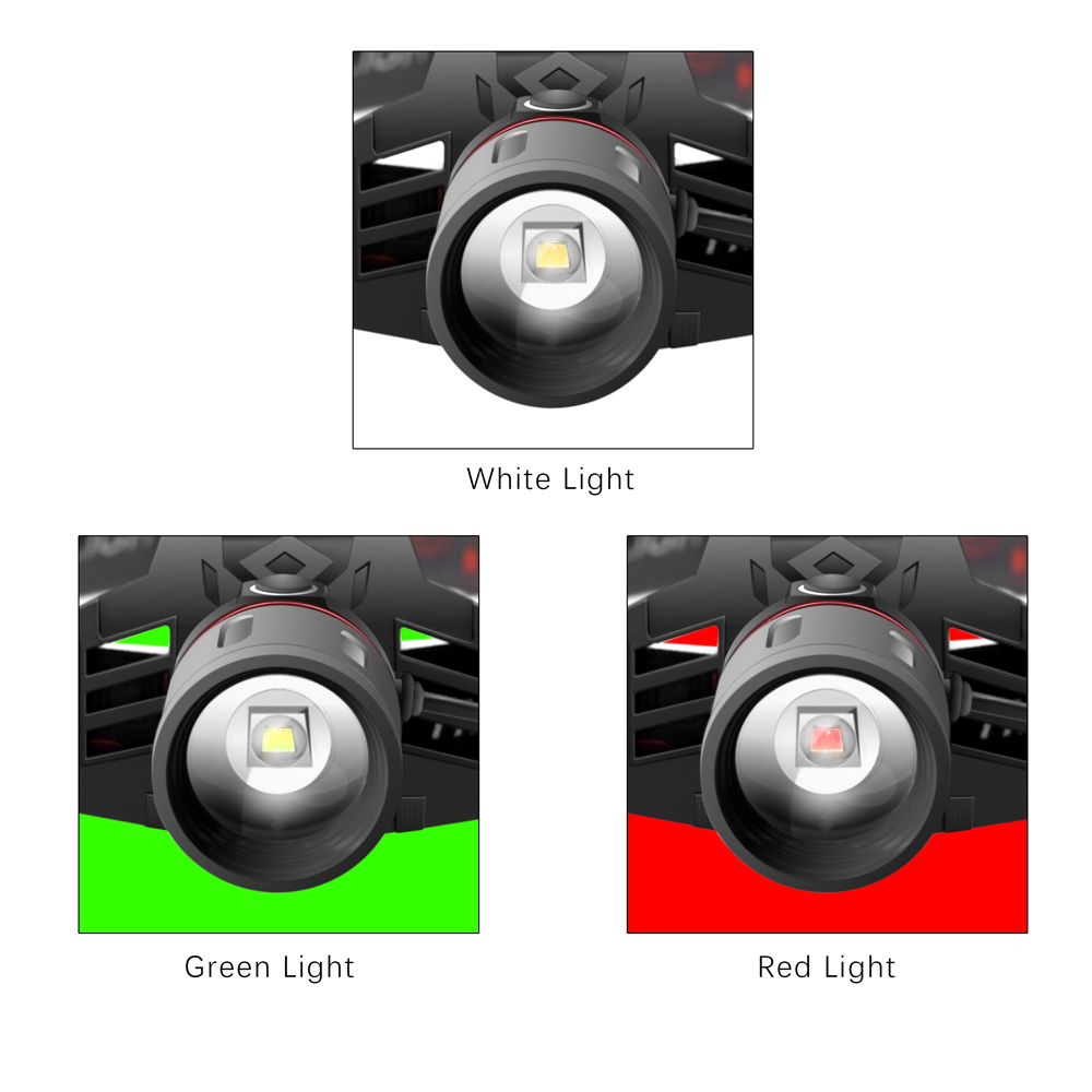 Rechargeable LED Headlamp with White, Red, and Green Light – Multifunctional Head Torch with Zoom, USB Charging Port, and Battery for Outdoor Camping and Emergencies