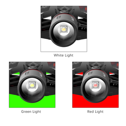 Rechargeable LED Headlamp with White, Red, and Green Light – Multifunctional Head Torch with Zoom, USB Charging Port, and Battery for Outdoor Camping and Emergencies