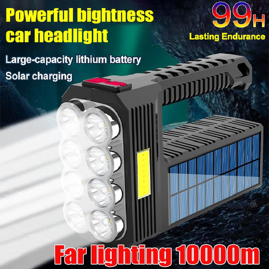 Power LED Flashlight with Solar Charging – Waterproof Handheld Spotlight with 10,000 m Range and Large Lithium Battery