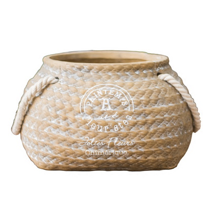 Ceramic Plant Pot In Hemp Bag Design With Rope Handles – Decorative Flower Pot For Garden, Balcony, And Home