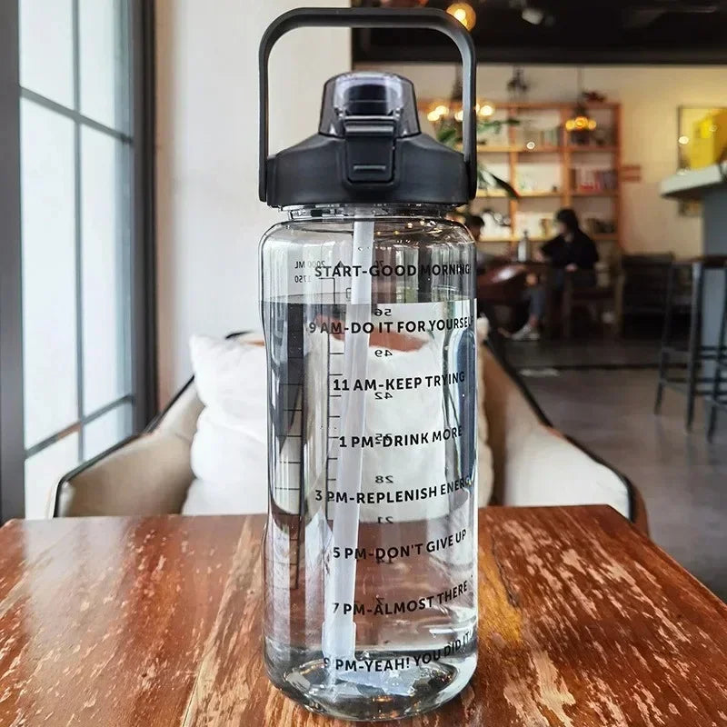2L Sports Water Bottle with Straw and Time Markers for Easy Drinking and Hydration