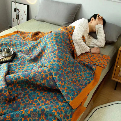 Cotton Blanket with Six-Layer Design and Orange-Blue Pattern