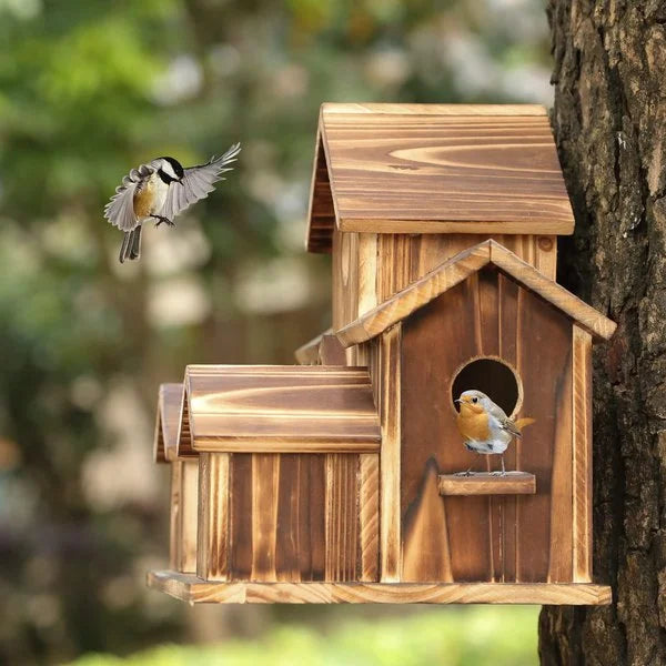 6-Hole Handcrafted Birdhouse – Rustic Garden Decoration for Birds