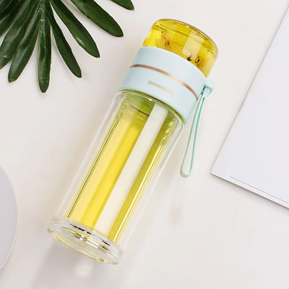 Double-Walled Glass Water Bottle with Tea Infuser and Strainer – Perfect for Tea and Infused Drinks on the Go