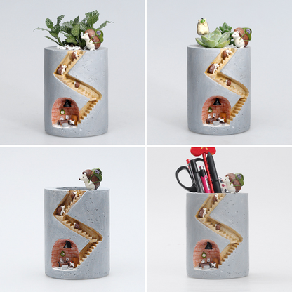 Decorative Plant Pot with Hedgehog and Bunny Miniatures – Creative Planter with Staircase Design
