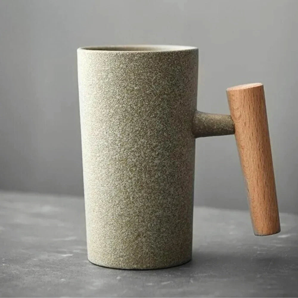 Nordic Ceramic Mug with Wooden Handle – Minimalist Design for Stylish Coffee Enjoyment