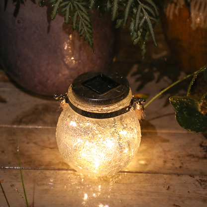Solar Glass Lantern With LED String Lights – Decorative Garden Lighting For Terrace And Outdoor Areas With Carrying Handle