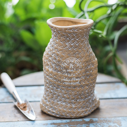 Ceramic Plant Pot In Hemp Bag Design With Rope Handles – Decorative Flower Pot For Garden, Balcony, And Home