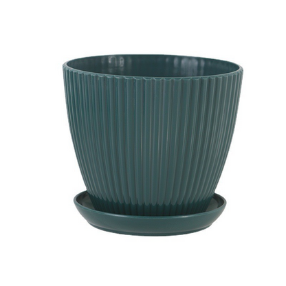 Plastic Flower Pot with Ribbed Texture and Saucer – Durable Plant Pot for Garden and Indoor Spaces