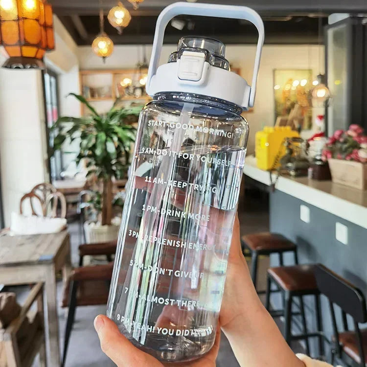 2L Sports Water Bottle with Straw and Time Markers for Easy Drinking and Hydration
